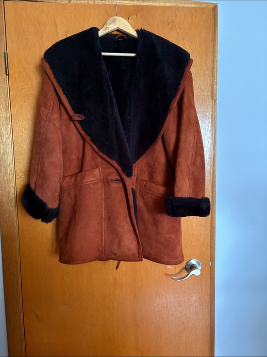 Adnan Jackets & Blazers - Rust Suede Shearling Coat with Black Fur Trim